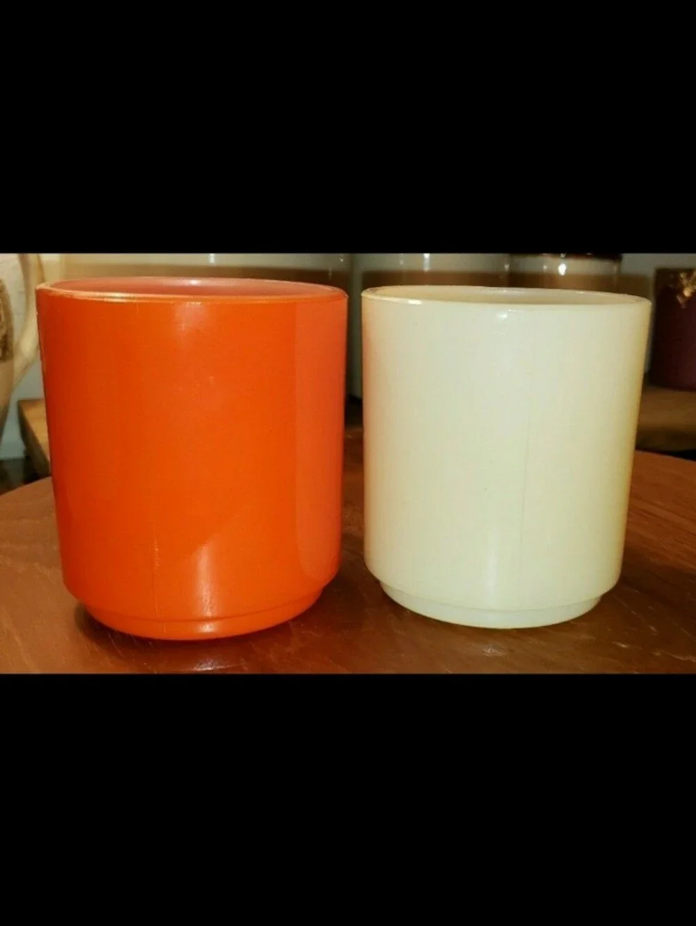 Glasbake Mugs, Set Of Two (2)Orangish-Red & Ivory